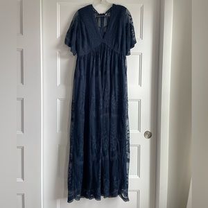PinkBlush Navy Blue Lace Mesh Overlay Maternity Maxi Dress